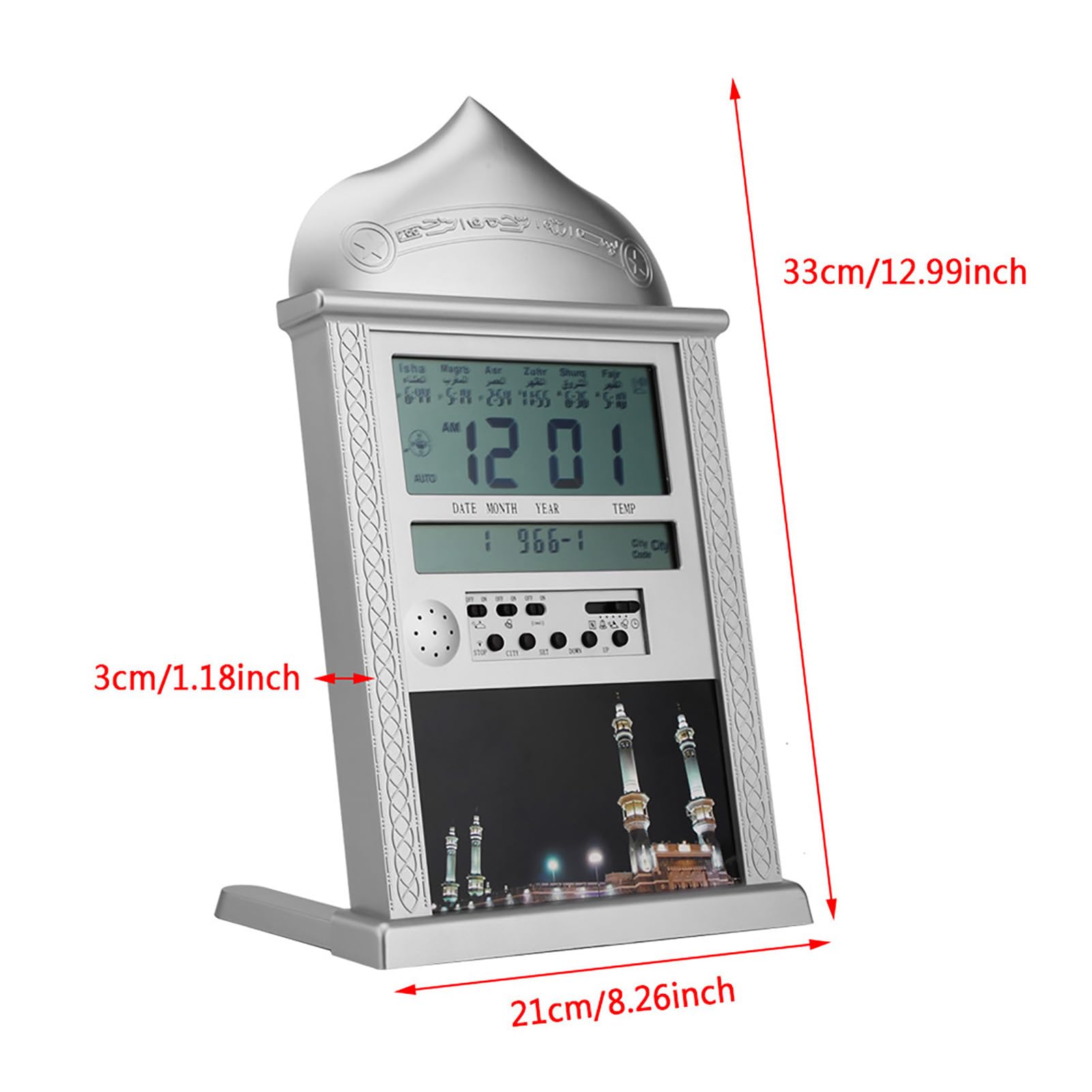 lyrlody Reloj de Oración Musulmán con Recordatorio Azan, Hora Mundial, Pantalla de Temperatura, Plástico y Metal