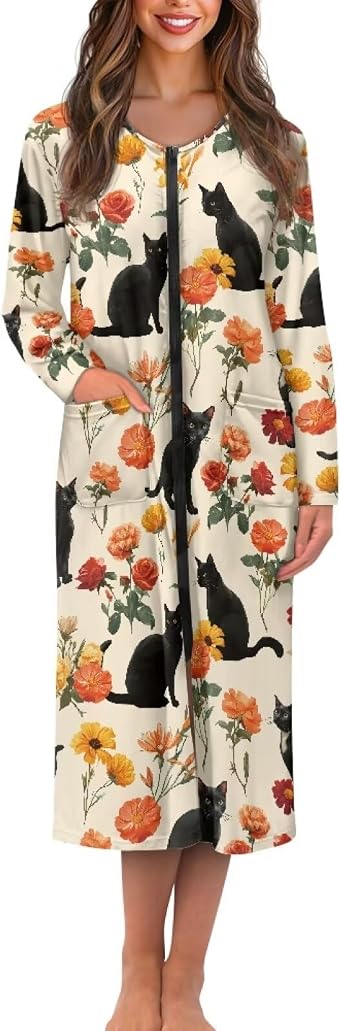 Women Zipper Robe Long Sleeve Zip Up House Coat Loungewear Lightweight Full Length Nightgown with Pockets