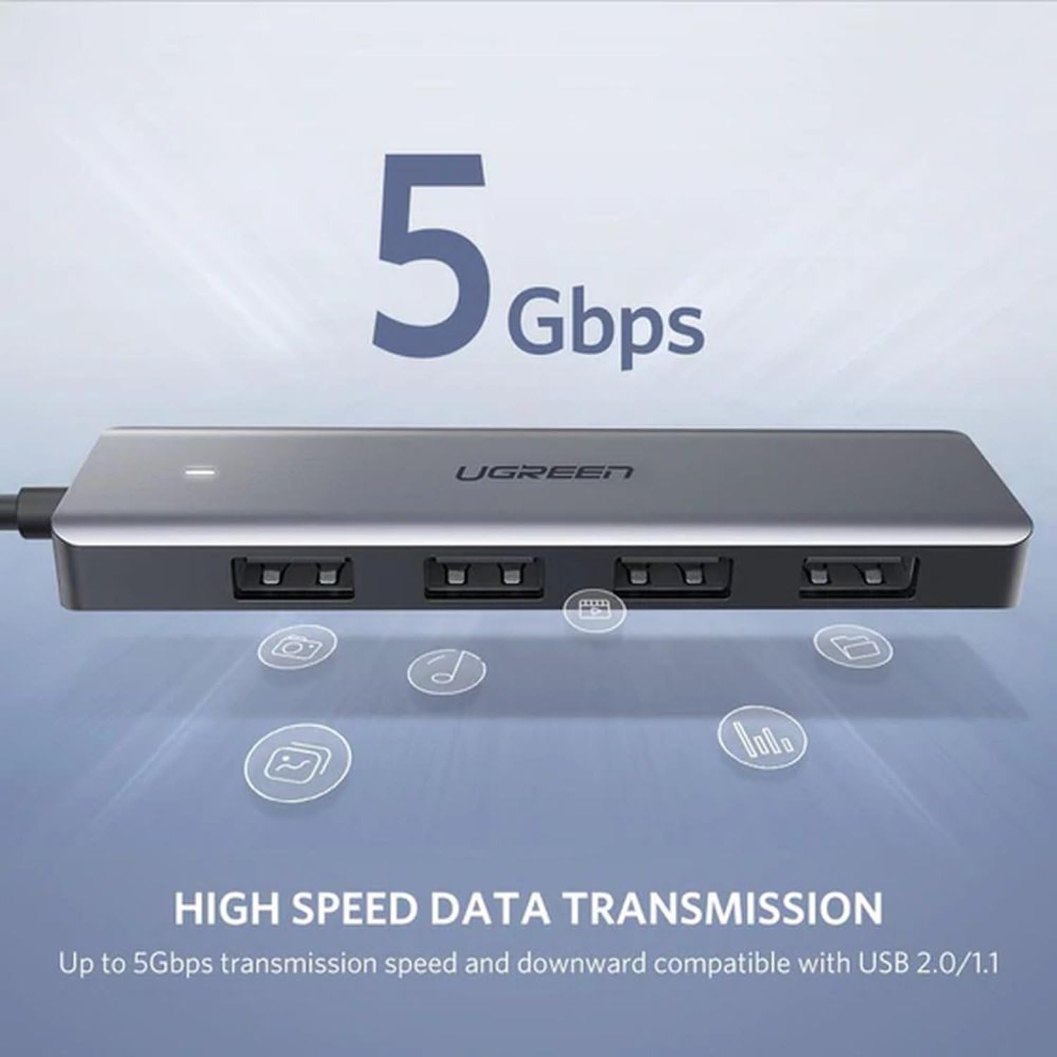 UGREEN 4-Port USB 3.0 Hub showing 5 Gbps data transfer speed