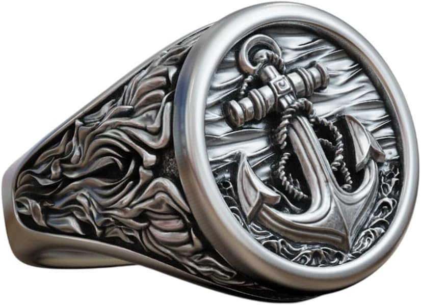 Ship Captain Seagrass Anchor Theme Mens Statement Ring Gothic Chain Design Biker Rider Caribbean Pirates Captain Ring Oxidized 925 Sterling Silver Handmade Mariners Jewelry Gift For Him