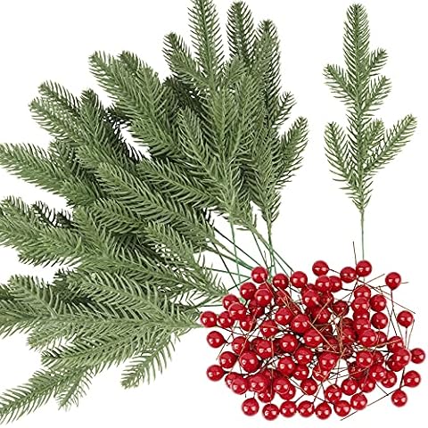 100Pcs Artificial Holly Berry and 30Pcs Pine Branch Set Wreath Making Supplies for Christmas Decoration Cover