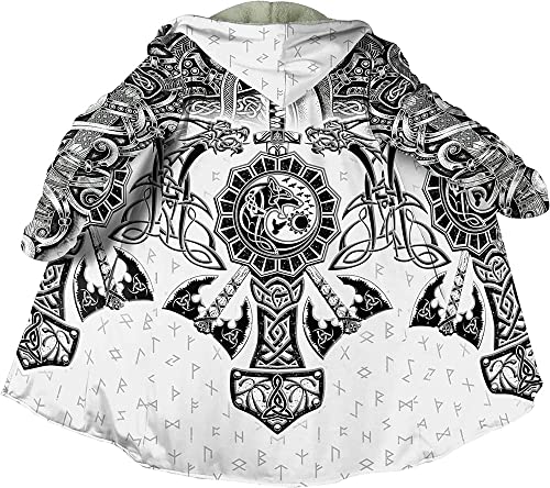 Viking Hooded Coats Unisex Faux Cashmere Robe Warm Long Sleeve Cloak Norse Myth Compass And Odin Raven Tattoo Overcoat