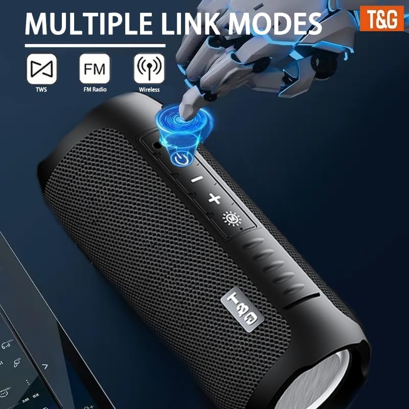 A T&G TG227 portable Bluetooth speaker with icons for TWS, FM Radio, and Wireless connectivity, and a robotic hand pointing to the control panel.
