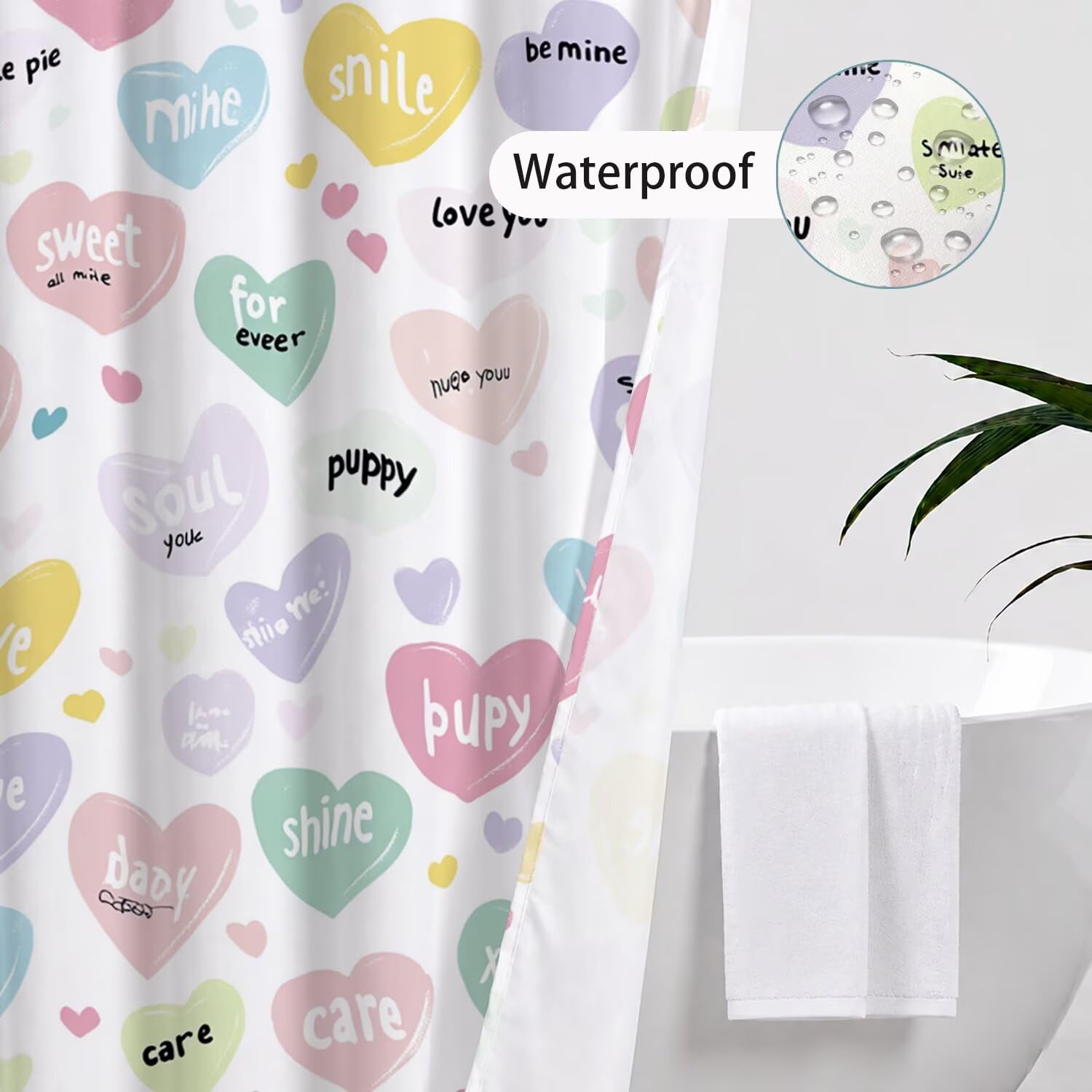 Rideau de Douche 180x200 cm Amour Rideau Douche Tissus Lavable Couleur Rideaux de Baignoire Imperméable Polyester Shower Curtain avec 12 Crochets, Décoratif Accessoires de Salle de Bain W-P71