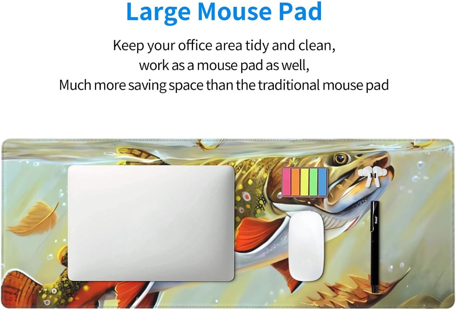 Brook Trout Fly Fishing Printed Large Gaming Mouse Pad, Extended XL Mousepad with Stitched Edges, Non-Slip Keyboard Mouse Mat, Ideal for Gaming and Office