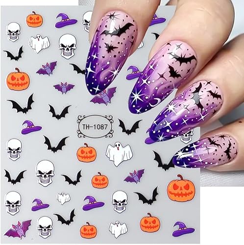 Miniatura 3 de Calcomanías para uñas de Halloween, 6 hojas de calcomanías de uñas de fantasma, 3D, autoadhesivas, calabaza, murciélago, fantasma, cráneo, araña,