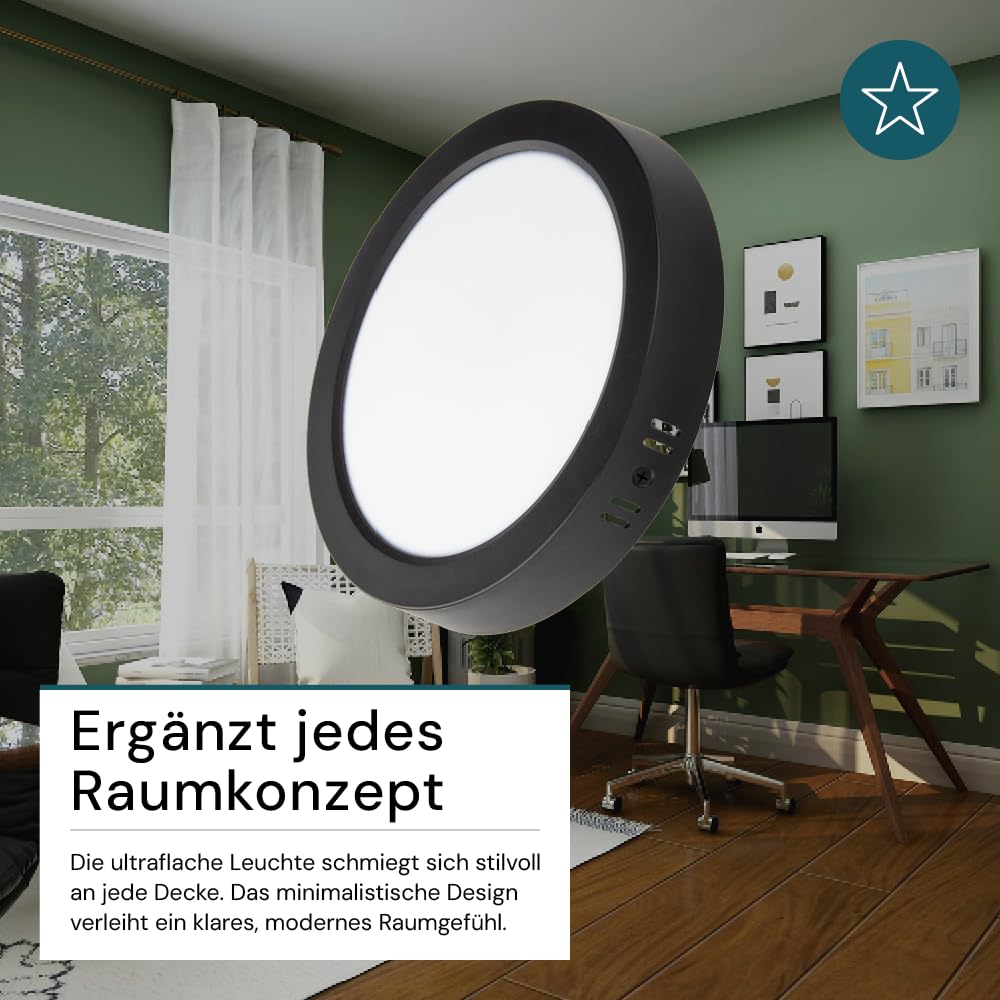 LUXULA LED Aufbauspot flach Schwarz 6 Stück, 24W 2400lm Ø229x34mm, IP44 LED Aufputz, Spot CCT 3000K 4000K 6000K einstellbar, Deckenlampe Aufputz Aufbauleuchte, Spot für Bad, Küche, Flur & Wohnzimmer