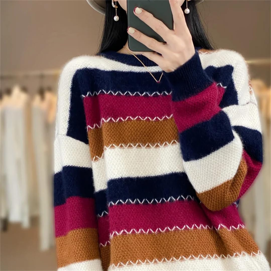 Suéter de cachemira para mujer, producto de otoño e invierno, cuello redondo, color de contraste