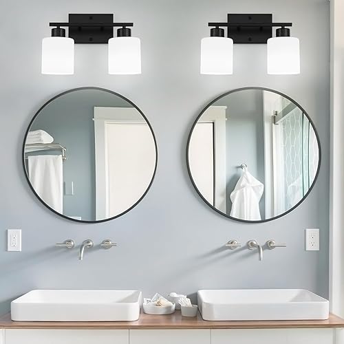 Miniatura 6 de WILON Lámparas de baño negras sobre espejo, 2 luces de tocador con pantallas de vidrio blanco lechoso, apliques de baño modernos, lámpara de pared