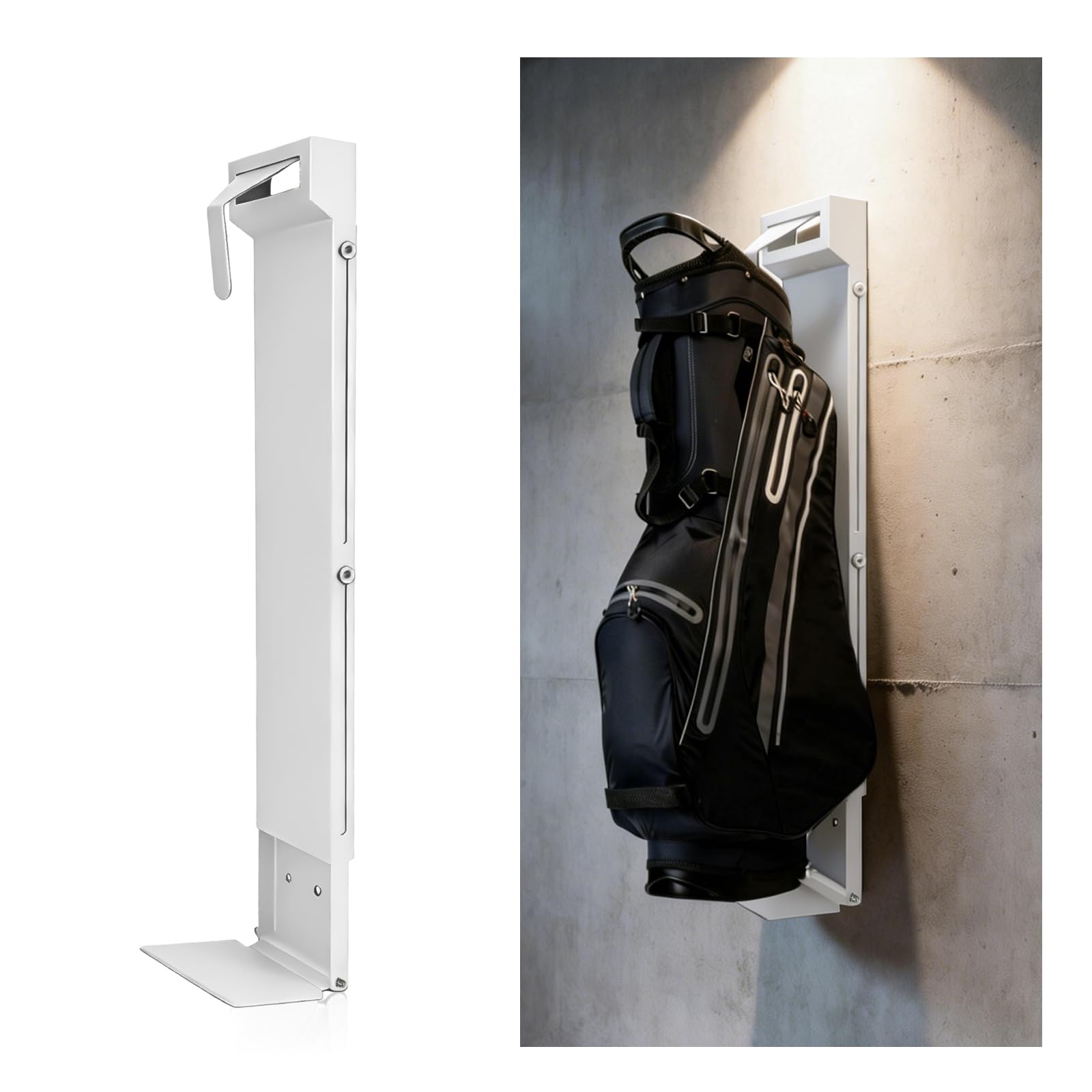 DOLEMODUO Wall Mount Golf Bag Rack - Foldable & Retractable Golf Bag Storage Organizer, Heavy Duty Space Saver for Garage, Home, Clubs, Training Grounds, White