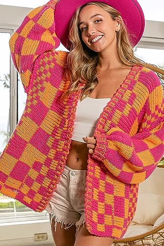 SELINK Women's Cardigan Sweater Vintage Open Front Mixed Checkered Pattern Chunky Knit Plaid Long Sleeve Daily Outwear4