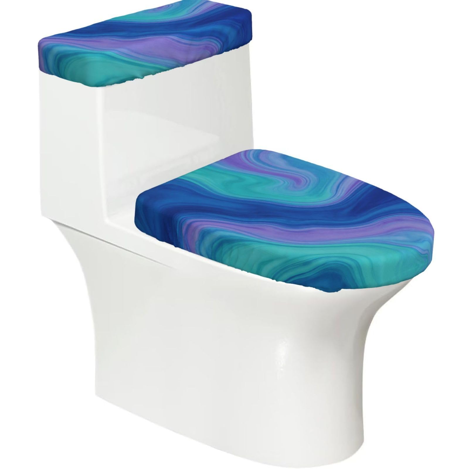 Marble Color Flow Elastic Toilet Cover Set of 2-Stretchy Lid and Tank Covers for Bathroom, Soft Washable U Shape Toilet Decor