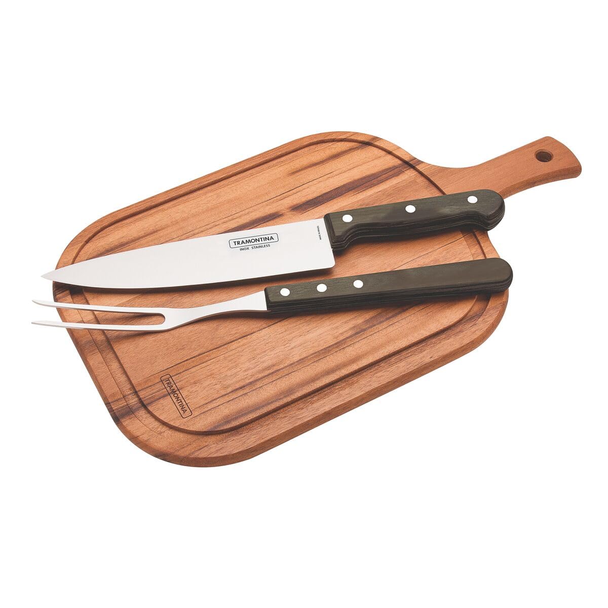 Tramontina - Juego de Cubiertos Churrasco, para Carne, en Acero Inoxidable y Mangos de Madera Polywood en Color Castaño, Incluye Tabla, Utensilios con Remaches, 3 Piezas