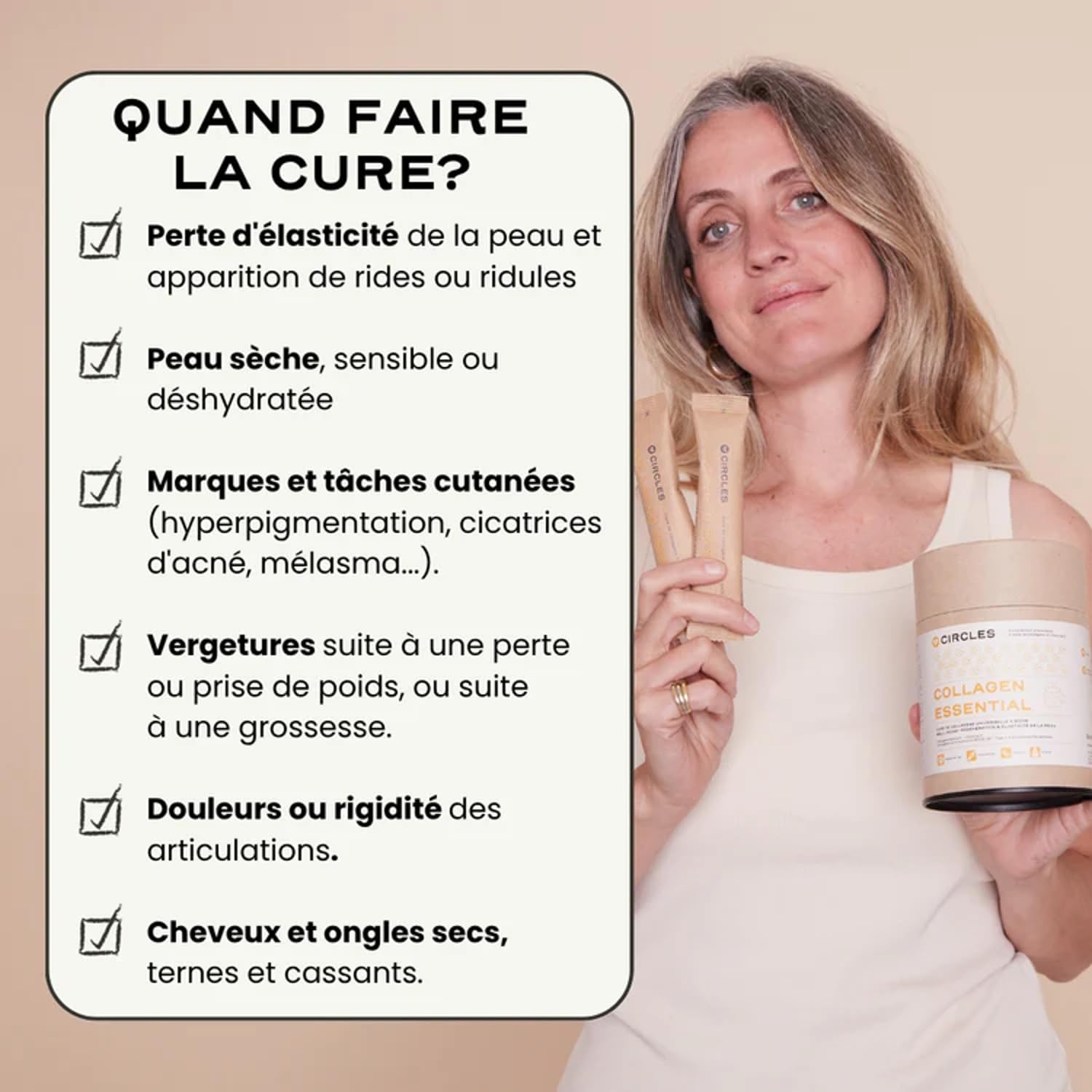 Circles COLLAGEN ESSENTIAL, Régénération & Élasticité de la peau, Poudre de collagène marin avec vitamine C pour régénération cutanée, élasticité et hydratation, soutien articulaire, 300 g