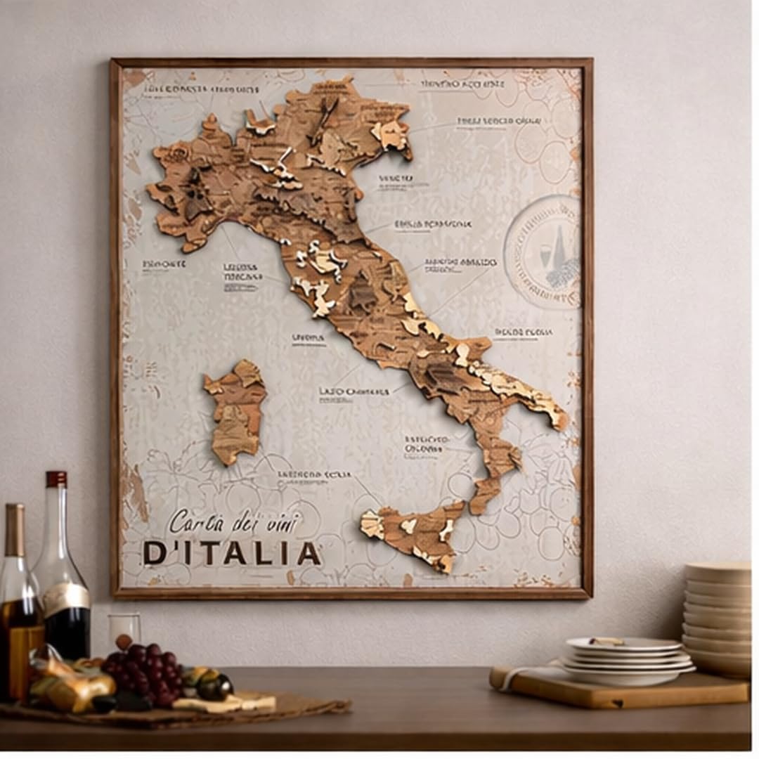 CREATIFWOOD Quadro Carta dei Vini d’Italia su Pannello in Legno – 58 x 65 cm – Mappa delle Regioni Vinicole Italiane – Idea Regalo per Amanti del Vino