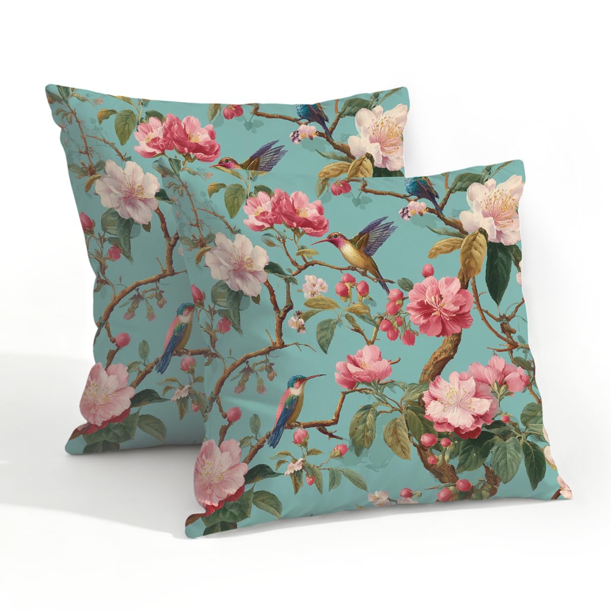 Outdoor Pillow Covers Waterproof Pillowcases 20x20in Set of 2 Chinoiserie Pink Flower Branches Birds On Turquoise Decorative Throw Cushion Case for Couch Sofa Garden Patio Furniture
