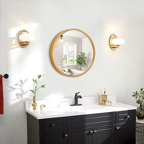 Miniatura 7 de JJUUYOU Espejo circular de pared, espejo redondo para baño, espejo dorado pequeño decorativo en círculo para pared con marco de metal, espejo