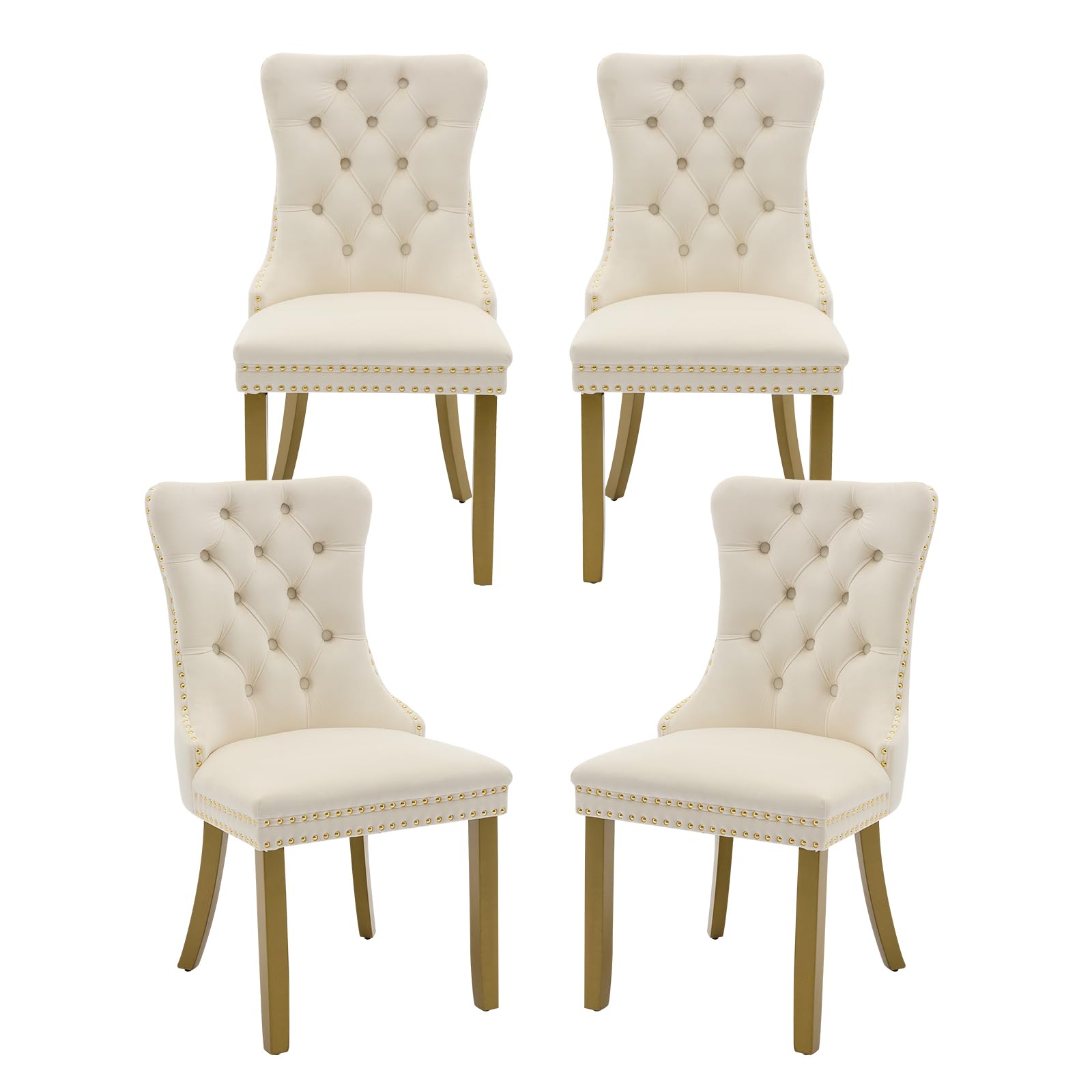 MZDOO Velvet Dining Chairs Set of 4, High-end Tufted Upholstered Dining Chair with Back Ring Pull, Nailhead Trim and Golden Solid Wood Legs, Modern