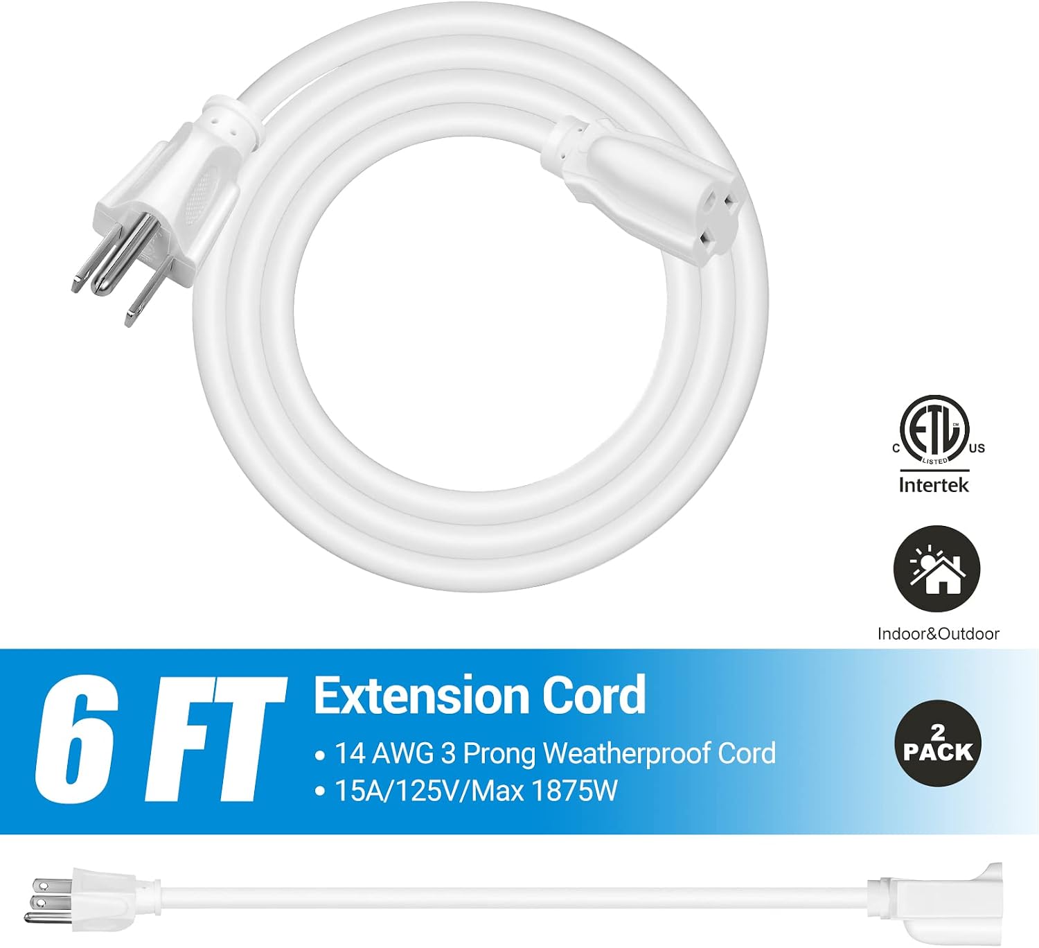 DEWENWILS Extension Cord 6ft, 14/3 SJTW Weatherproof Power Cable for Indoor Outdoor Use, 3 Prong Heavy Duty Power Cord, White, ETL Listed, 2 Pack