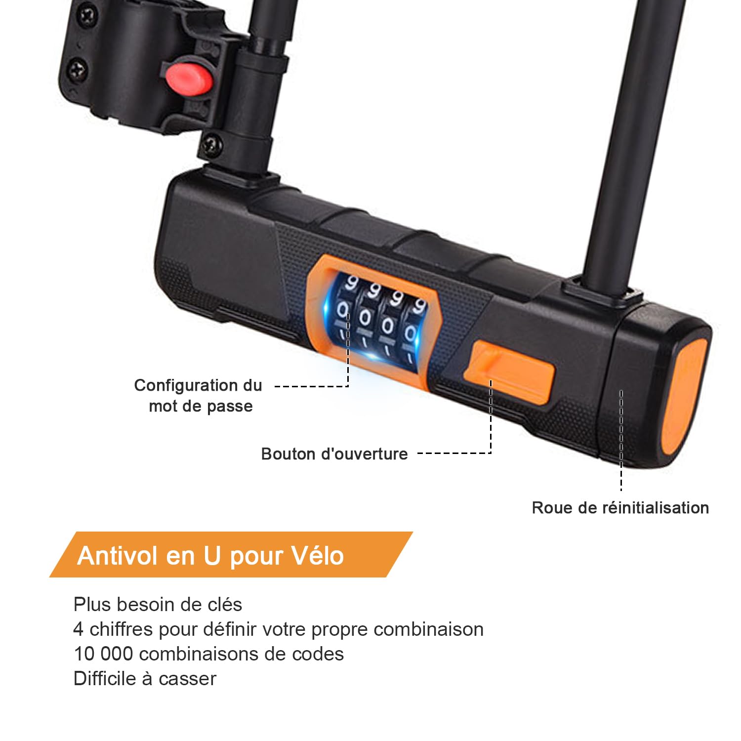 Antivol de vélo U avec Câble, antivol à combinaison à 4 chiffres, avec câble de 1,2 m pour vélo, Serrure de vélo scooter électrique, moto, porte