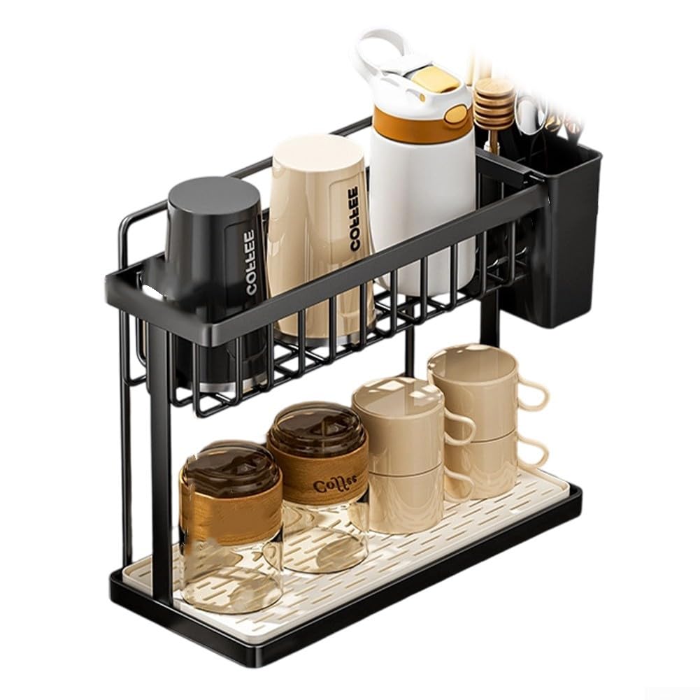 Organizador de fregadero de acero inoxidable diseñado para almacenamiento de esponjas y organización de utensilios con función automática de drenaje de agua (negro)
