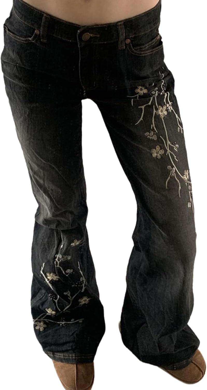 Floral Embroidery Jeans Vintage 2000s Low Rise Flared Jeans Women Retro y2k Baggy Denim Pants High Street Basic Trousers