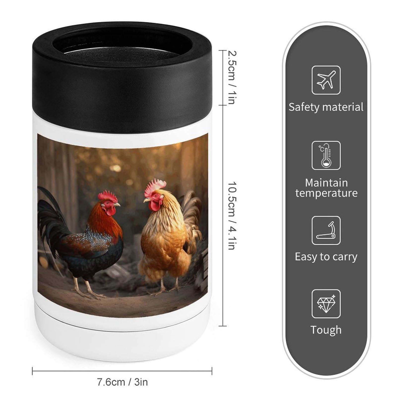 Stainless Steel Beverage Cooler with Silicone Sleeve, Rooster and Chicken Print Multipurpose Drink Chiller for Home, Office, and Outdoor Use