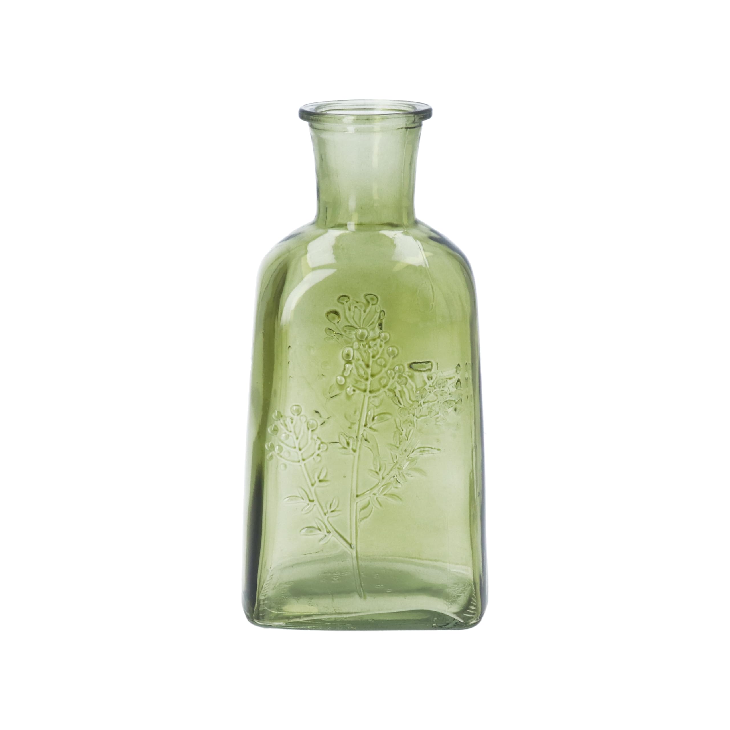 Gisela Graham Green Olive Glass Bottle Vase With Wild Flower Design, 19Cm