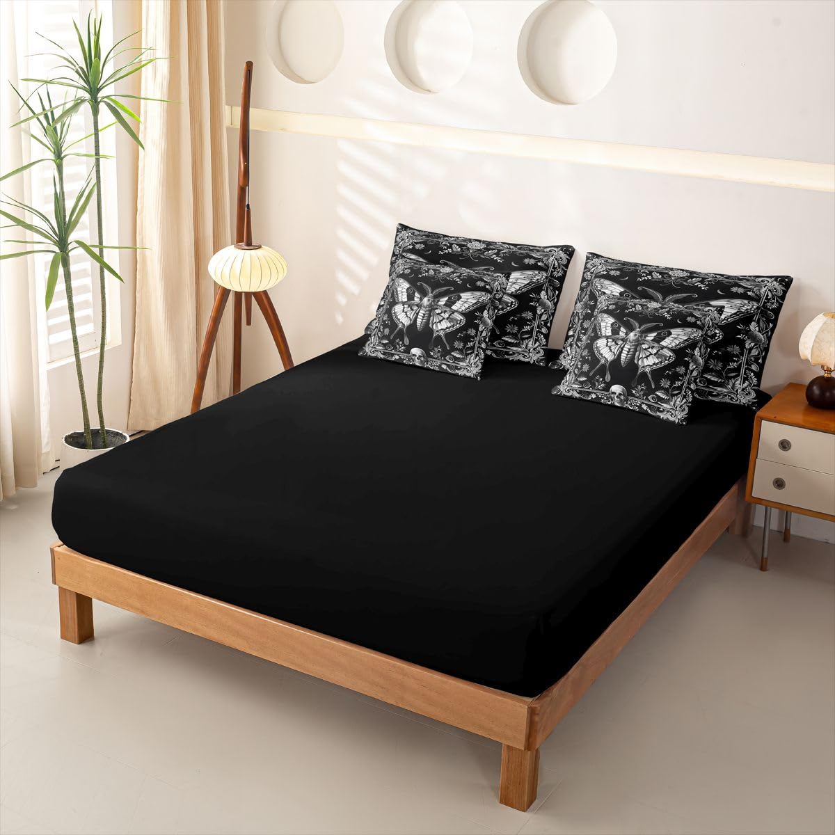 Loussiesd Juego de funda de edredón para cama individual de 7 piezas, color gris y negro, con sábanas, para niños, niñas, polilla de la muerte, cama en una bolsa, decoración de habitación, microfibra
