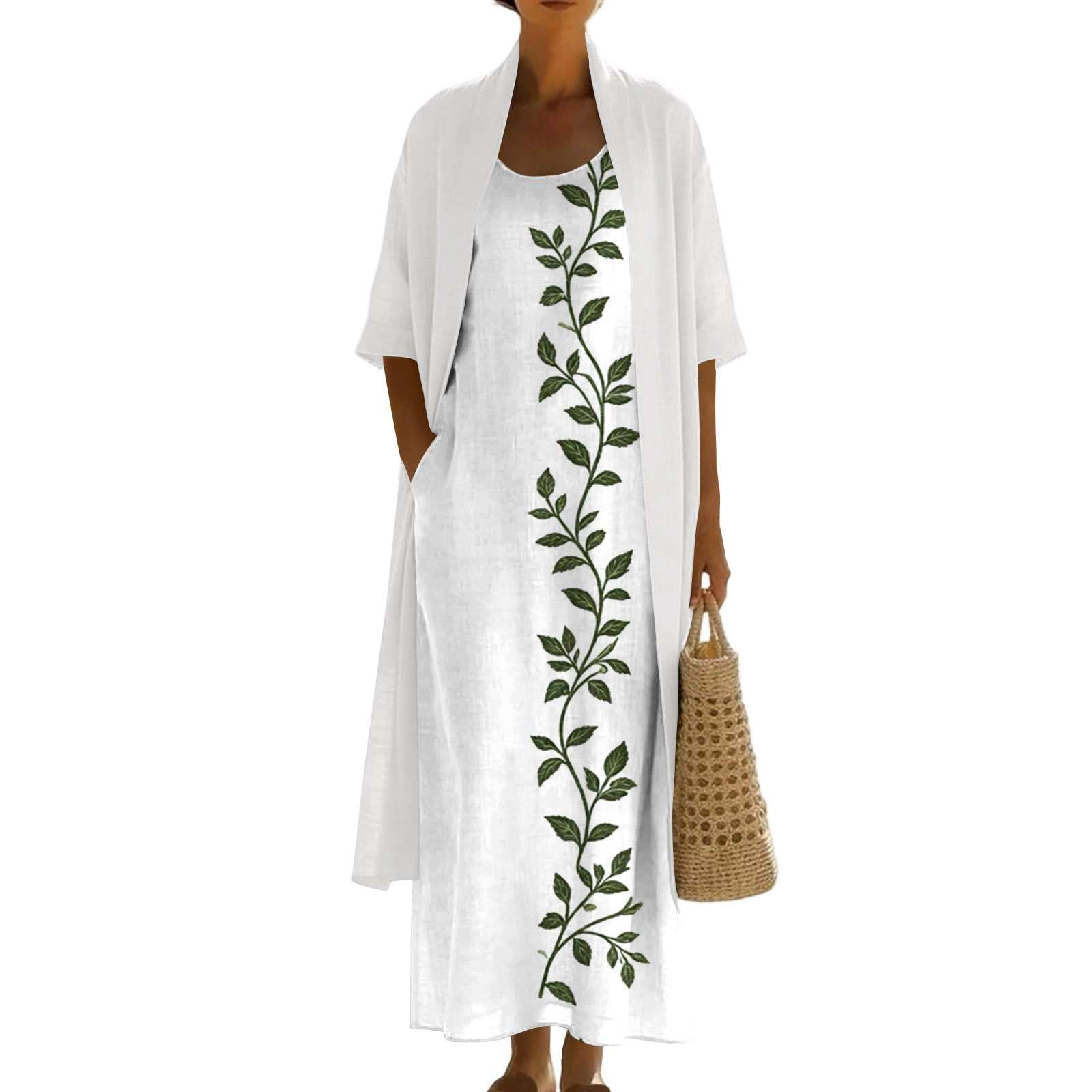 Hosenanzug Damen Festlich 3-Teiliges Set Tank Top + 3/4 Ärmel Cardigan + Hose Freizeitanzug Zweiteiler Sommerkleid Set Lose Leinenkleid Maxi mit Taschen Leichtes Sommer Outfits Boho Strandkleid