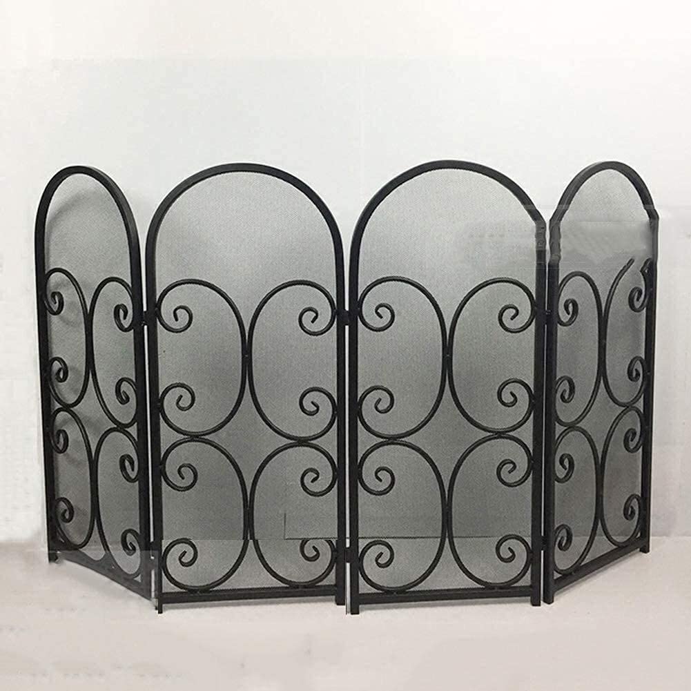 Parascintille a 4 Pannelli, Pannello Parascintille in Ferro, Protezione per Camino di Sicurezza in Rete Metallica per Legno, Design Decorativo a Scorrimento per Neonati/Bambini/Animali Domestici, Nero