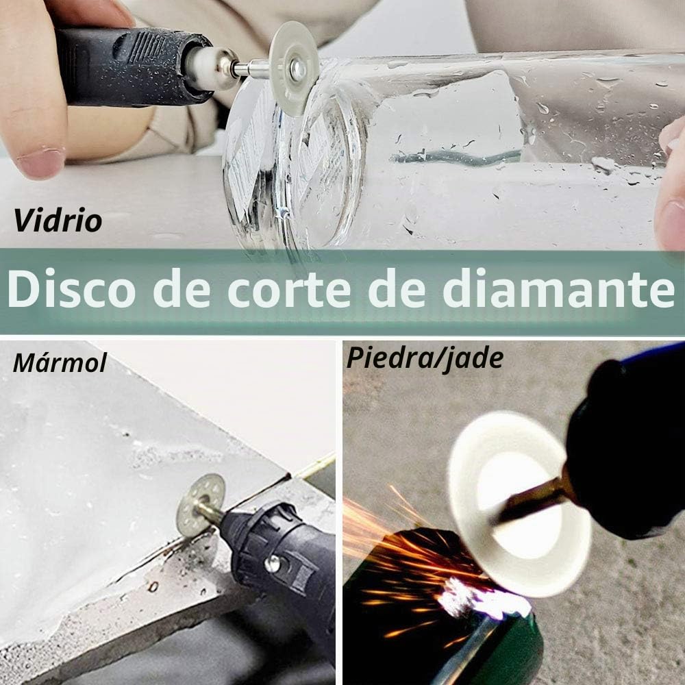 32 Piezas Discos de Corte para Dremel, Disco Corte Diamante & Mini Hoja de Sierra Circular HSS & Mini Disco de Corte de Resina (3mm Mandril) para Madera, Vidrio, Plástico, Piedra, Metal