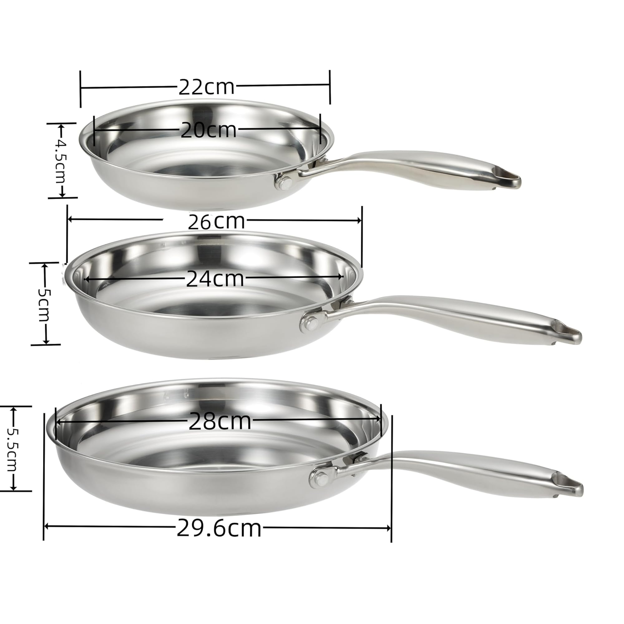 Set di 3 padelle in acciaio inox, acciaio professionale a tre strati, set di padelle, 20–25–30 cm, lucidato a specchio, induzione, padelle da cucina, padelle, resistenti alla lavastoviglie