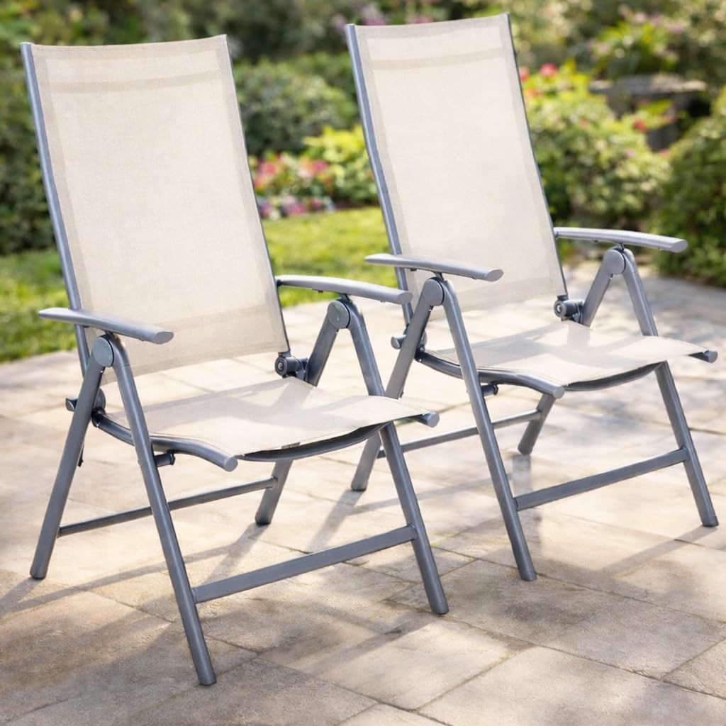 BAKAJI Set 2 Sedie Pieghevoli Struttura in Alluminio Schienale Reclinabile con Braccioli e Rivestimento Texilene per Campeggio Spiaggia Giardino (Beige)