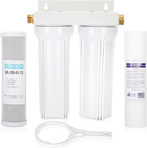 Sistema de filtro de agua dual externo para RV, incluye soporte de montaje, dos filtros y dos accesorios de latón GHT de 34 pulgadas, para reducir