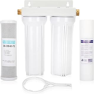 External RV Dual Water Filter System, Includes mounting bracket, two filters and two 3/4" GHT brass fittings, For reducing sediment, dirt, sand, odors and chlorine, For RVs Yachts Homes Marine