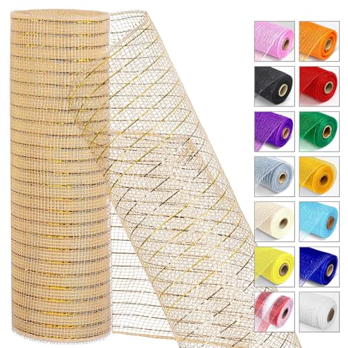 Champagne Gold Metallic Deco Mesh Ribbon 10 x 10 Yards Roll for Wreaths Crafts Christmas & Halloween Sparkly Decorative Mesh for Holiday DIY Gift Wrapping & Party Decor (1 Roll)