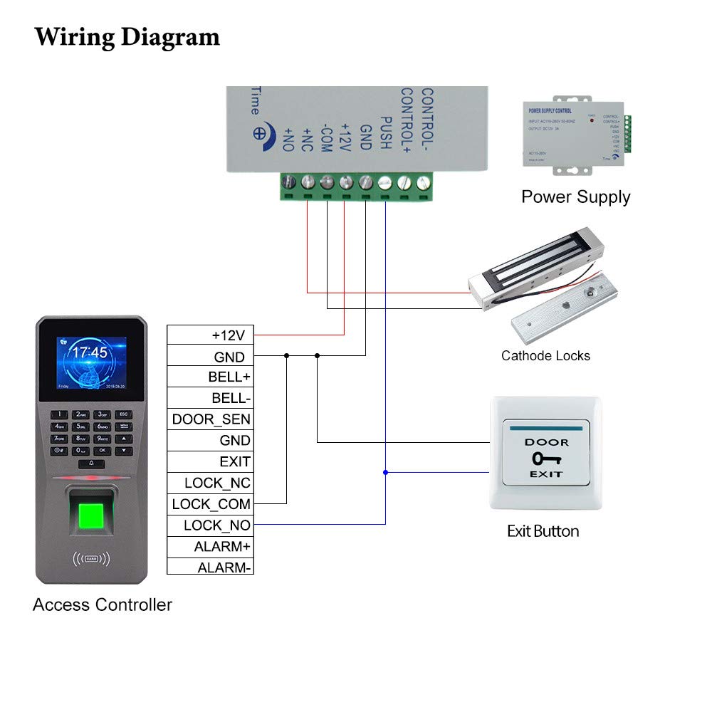 Lector Biométrico de Huellas Dactilares USB/TCP/IP/RS485 de 2.4pulgadas + NC Strike Lock + DC12V Power + 10pcs 125KHz Cards/Fobs Time Attendance Kit (Kit 2)