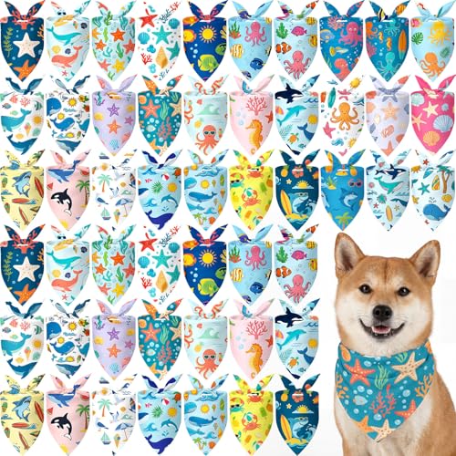 Tallew 60 Pcs Sea Animals Dog Bandanas Bulk Ocean Summer Blue Charm Kerchief Bibs Scarves for Dogs with Beach Tropical Fish Starfish Seaweed for Small Medium Large Grooming Accessories