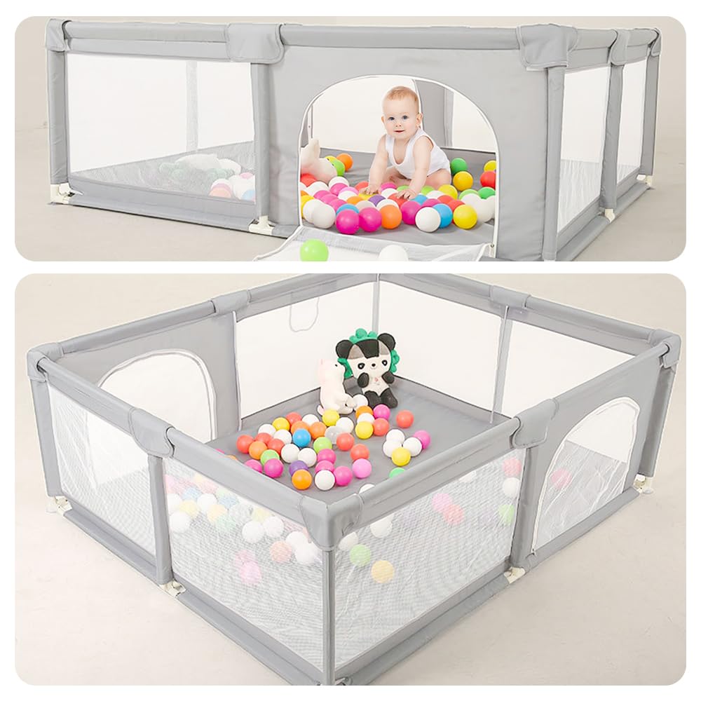 Parc Modulable 150x200 cm pour Enfant en Bas Âge avec Porte Zippée, Tapis Gris Clair