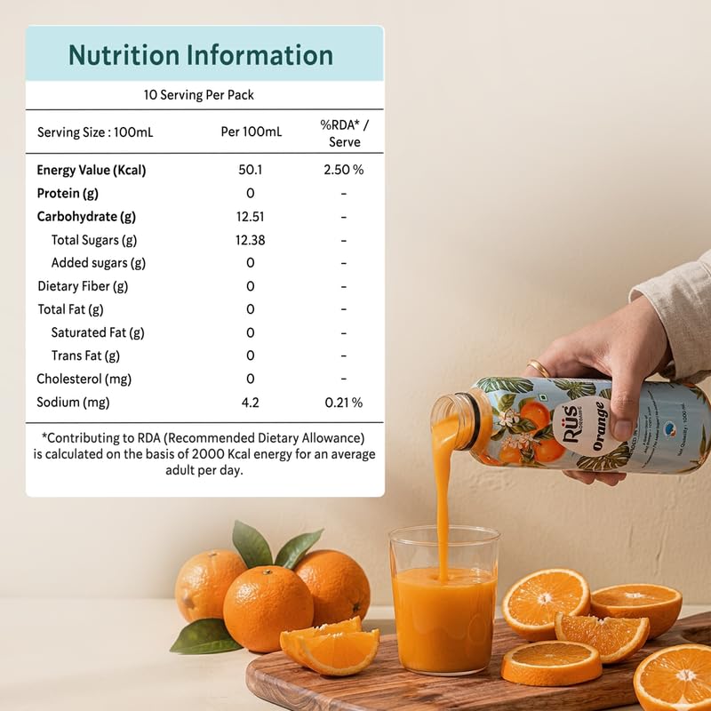 Image of Rus Organic Orange Juice | Cold-Pressed & Natural | Pack of 2 (1000ml Each) | No Added Sugar or Preservatives | Immunity Support | Rich in Antioxidants | Refreshing Drink | Travel Juice | Real Oranges