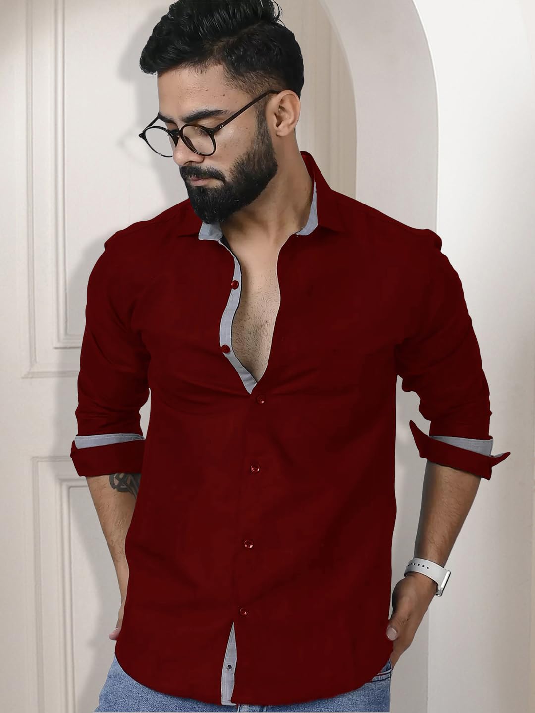 Pinkmint Camisa para hombre de algodón con cuello extendido, botones, manga larga, para el hogar, regular, hogar (paquete de 1), color morado
