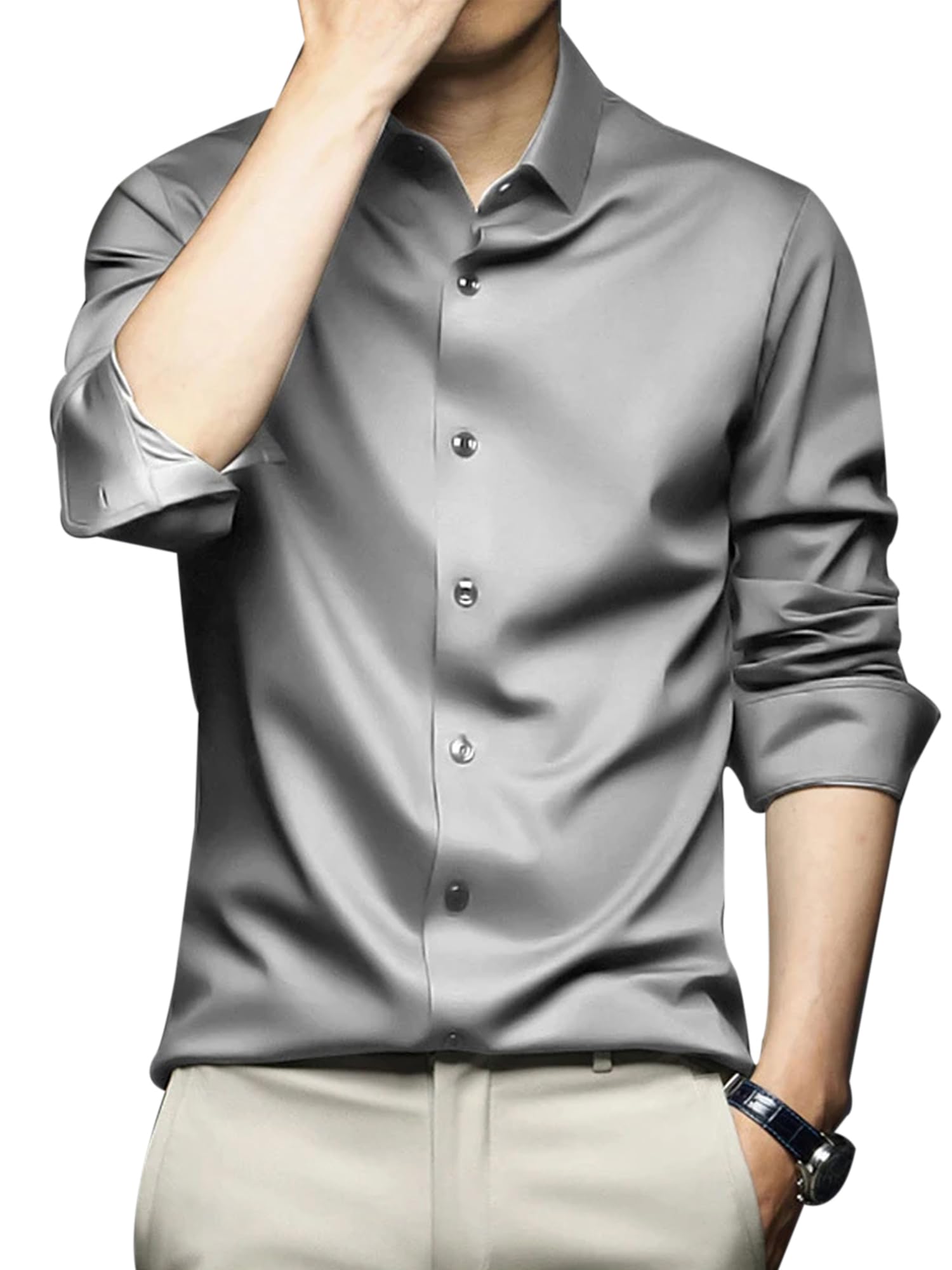 Mens Satin Regular Fit Formal Shirt. Silver-S