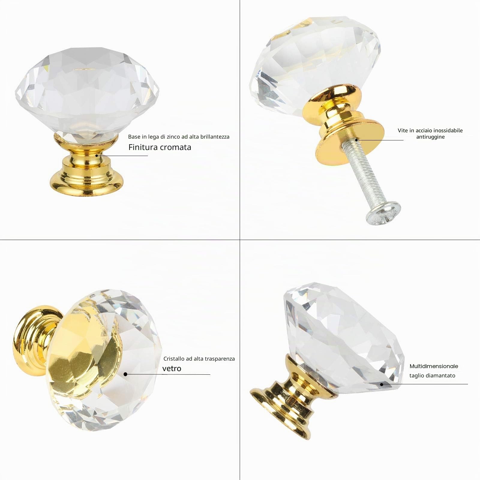 20 Pcs Pomelli per Mobili in Vetro Cristallo, Maniglie per Cassetti, Credenze, Comò, Armadi - Diamante Trasparente e Base in Oro - Diametro 30 mm - con Viti in 3 Lunghezze