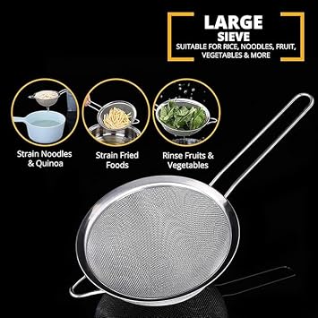 Sieves and Strainers Set - Metal Sieve Stainless Steel, Fine Mesh Strainer | Pack of 3 | Kitchen Sieve Fine Mesh, Sive Cooking, Flour for Baking Rust Free Seive, Dishwasher Safe SIV, Colander
