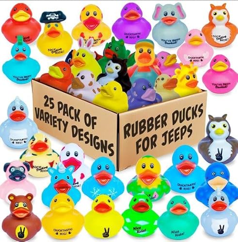 Rubber Ducks with 5 Fun Themed Logos for Jeep Ducking – 25 Pack of Assorted Mini Duckies with Variety Designs for Off-Road Duckers