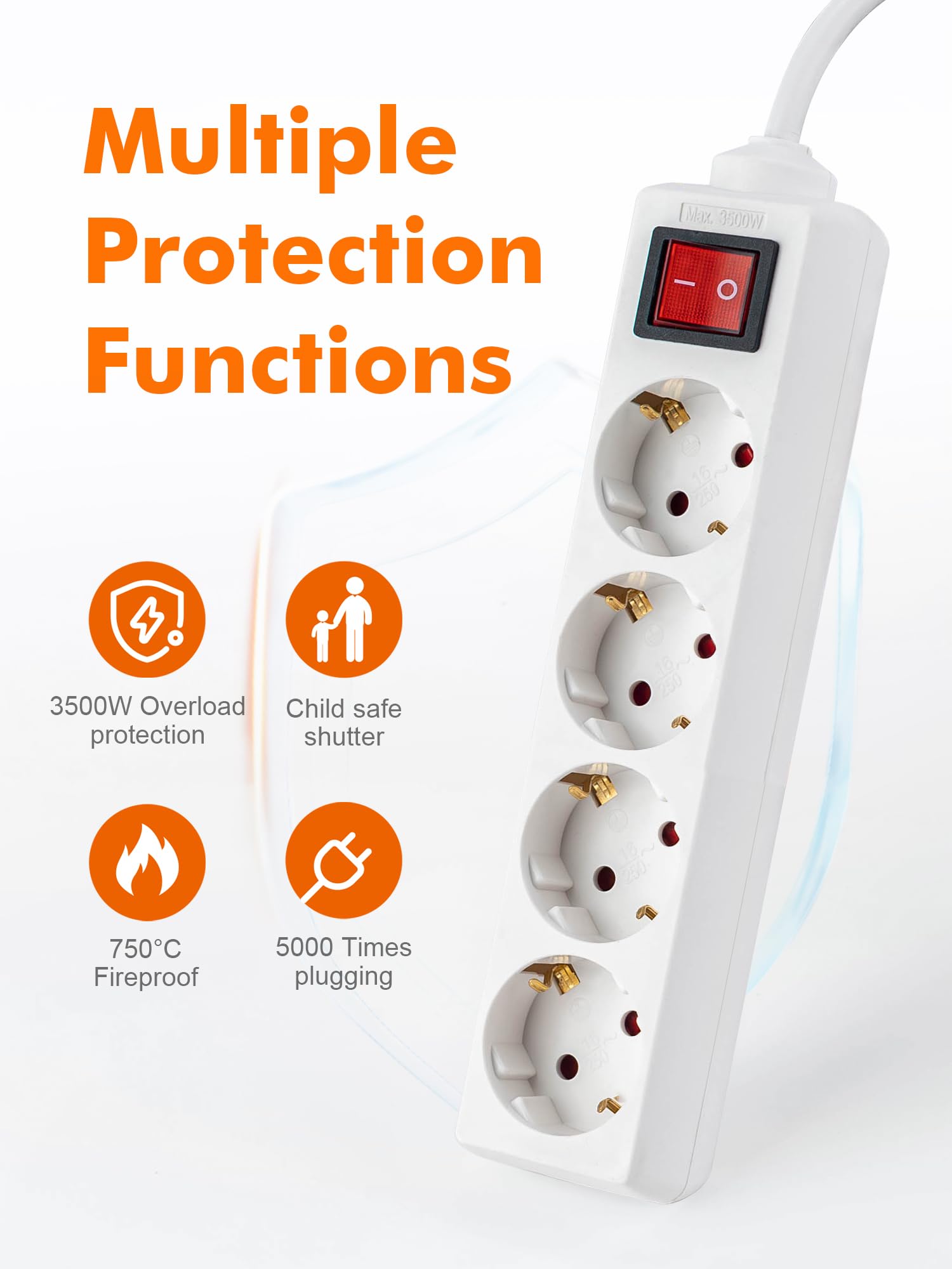 GRIFEMA Regleta Enchufes con 4 Tomas y Interruptor, 3500 W, 16 A, 1,5 m, Blanco, Protección Infantil, Orientación a 45 Grados, Evita Consumos Fantasma — view 3