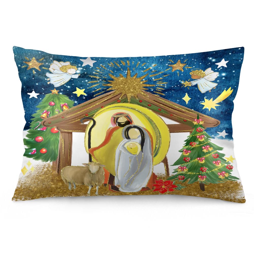 Easternproject Happy Birthday Jesus King Pillowcases 20x36 Inch Double Sided Nativity Keep Christ in Christmas Tree Flower Blue Holiday Pillow Case Xmas Sleeping Throw Pillow Covers for Bed