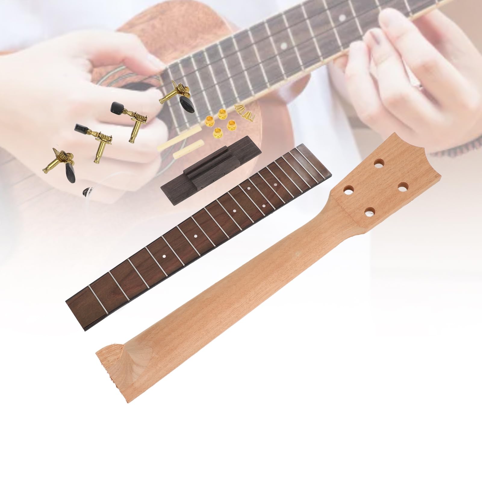 Kit de Manche de ukulélé, Touche en Palissandre, Kit D'assemblage de Manche de ukulélé Artisanal avec Bouton de Corde et Ensemble de Chevalet pour les Amateurs D'instruments de