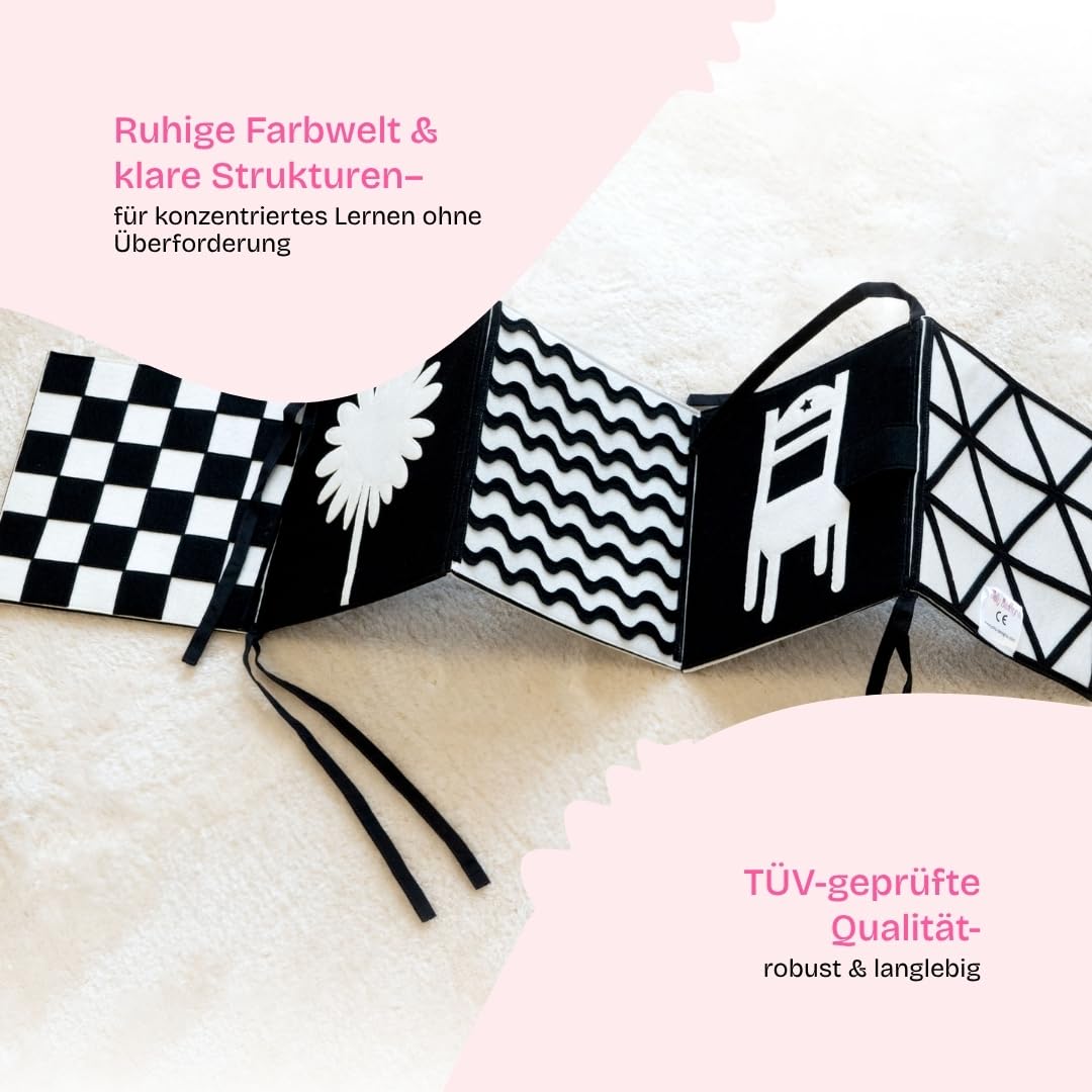 Jolly Designs Black & White Jumbo – Kontrastbuch ab Geburt, Schwarz-Weiß-Buch für Babys, 10 Seiten mit starken Kontrasten & Farbakzenten, Stoffbuch für visuelle Wahrnehmung, 20 × 20 cm